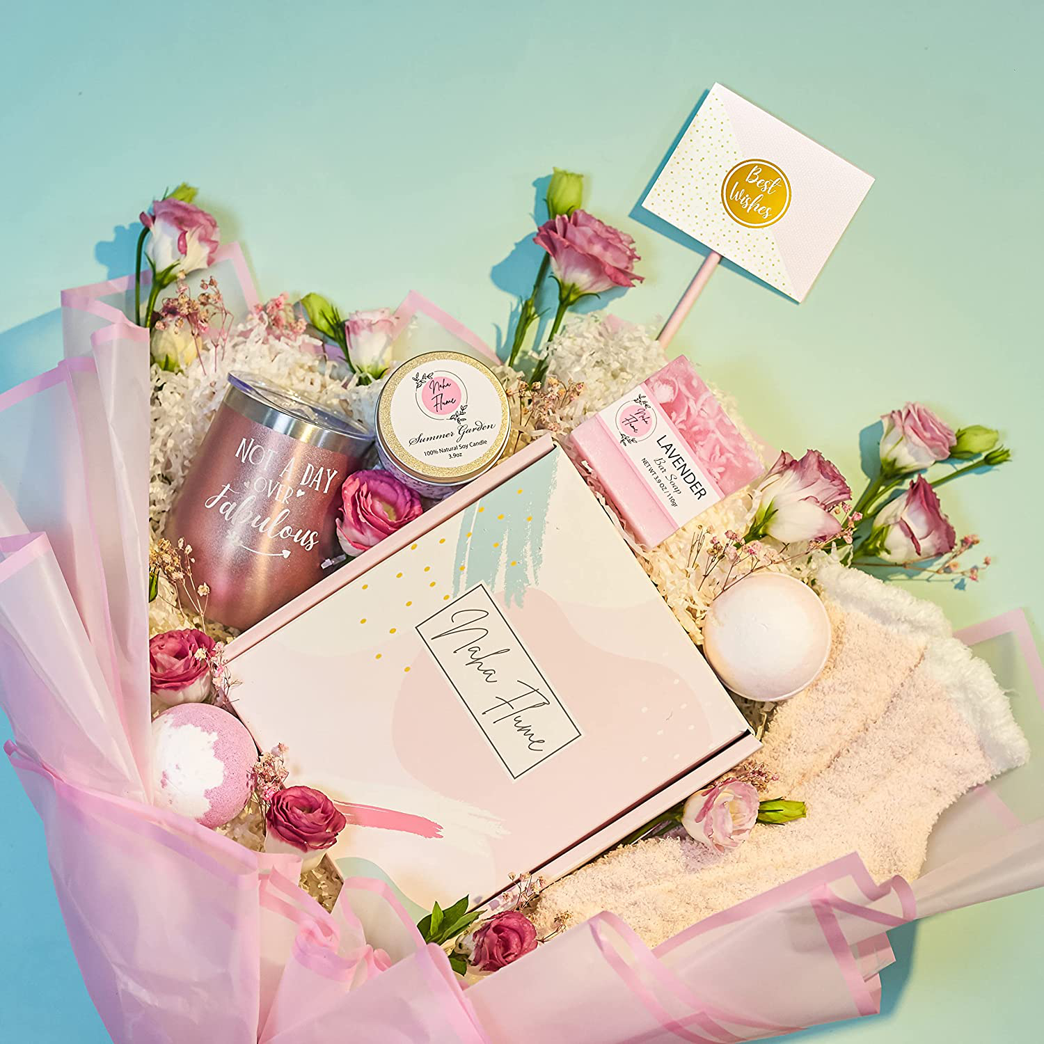 Birthday Gifts for Women - Spa Wine Tumbler Gift Box | Christmas Gifts for Women | Care Package | Self Care Gifts for Women - Get Well Soon Gifts for Women - Not a Day Over Fabulous Gifts for Women Arts & Entertainment > Party & Celebration > Gift Giving Naha Flume   