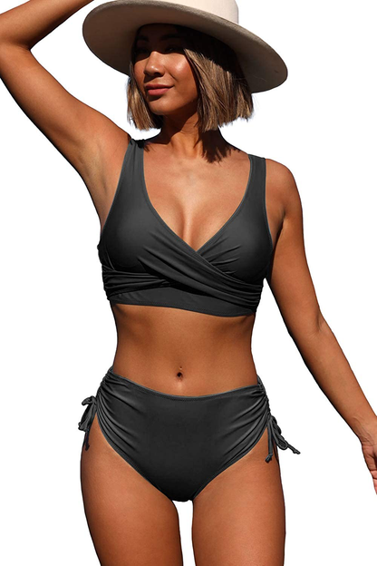 Beachsissi High Waisted Bikini Twist Front Tie Back 2 Piece Swimsuit Solid Color Apparel & Accessories > Clothing > Swimwear Beachsissi Black X-Large 
