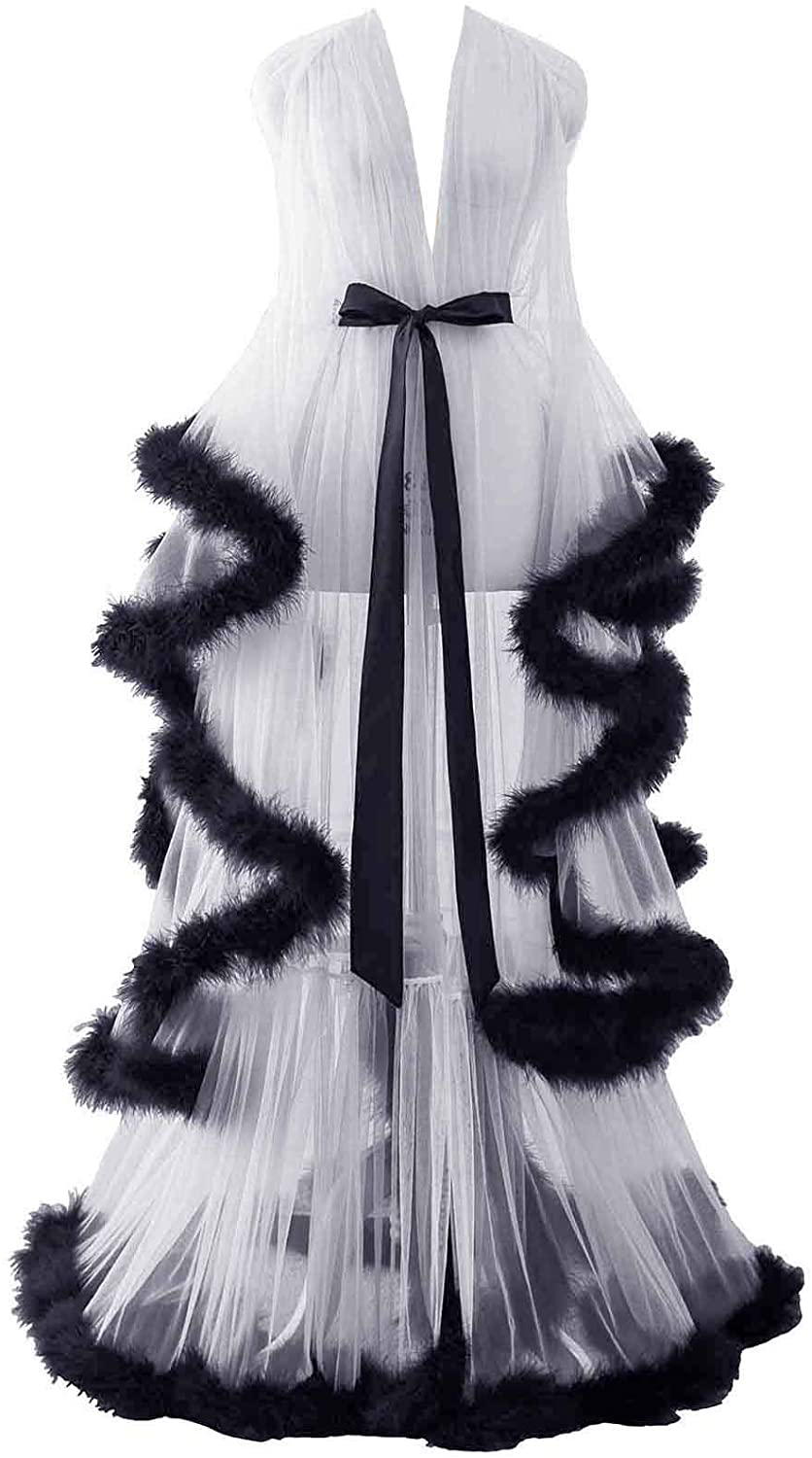 Changuan Sexy Illusion Long Lingerie Robe Nightgown Bathrobe Sleepwear Feather Bridal Robe Wedding Scarf Apparel & Accessories > Clothing > Sleepwear & Loungewear > Robes Changuan   