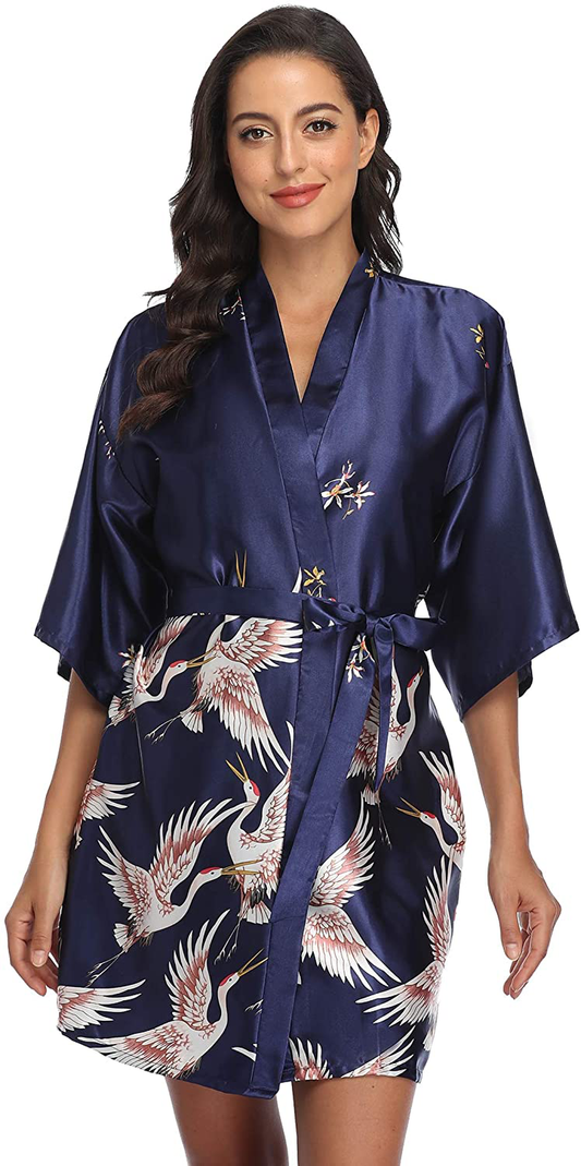 Original Kimono Women'S Floral Crane Kimono Robe Short Silky Sleepwear plus Size Satin Spa Party Dressing Gown Apparel & Accessories > Clothing > Sleepwear & Loungewear > Robes Original Kimono   