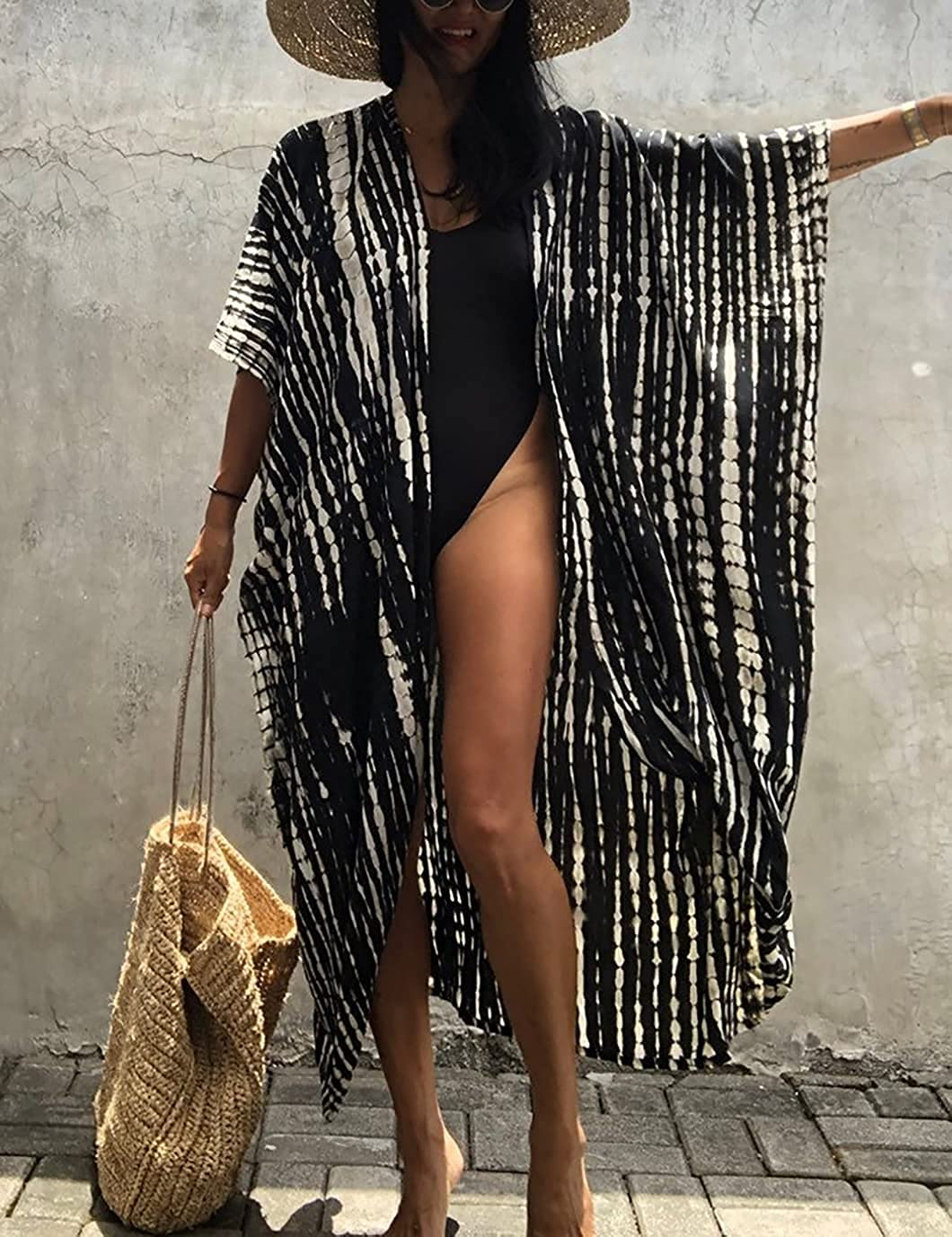Eddoyee Womens Open Front Swimsuit Cover Ups Long Loose Print Beach Kimono Cardigans with Belt Apparel & Accessories > Clothing > Swimwear Kylie Max   