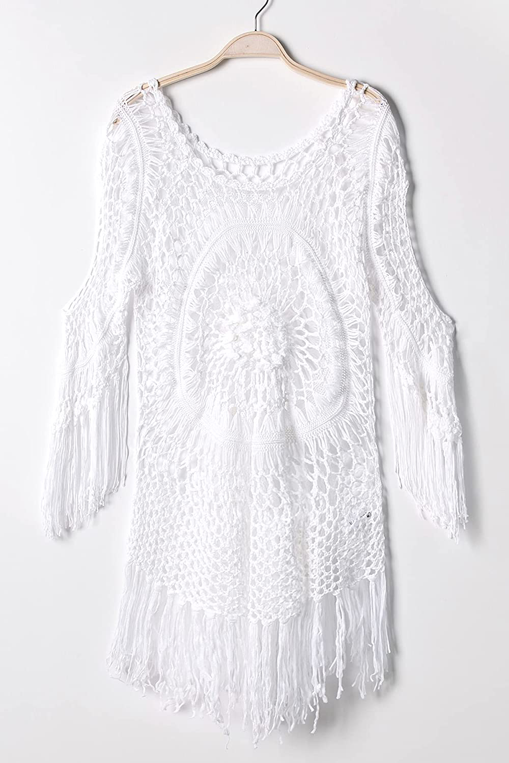 CUPSHE Women'S Cover up White Crochet Hollow Out Tassel Swimsuit Three Quarter Sleeve Apparel & Accessories > Clothing > Swimwear Kylie Max   