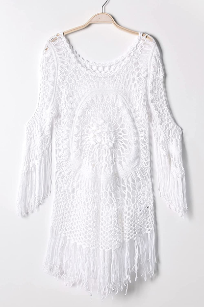 CUPSHE Women'S Cover up White Crochet Hollow Out Tassel Swimsuit Three Quarter Sleeve Apparel & Accessories > Clothing > Swimwear Kylie Max   