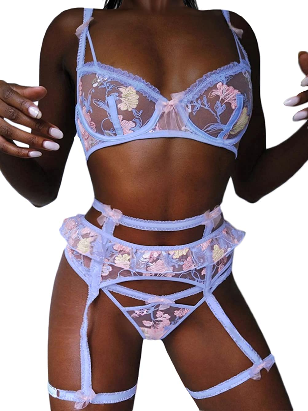 Kaei&Shi Floral Embroidered Sheer,Underwire Scrunchie Strap,G-String,3 Piece Lingerie Apparel & Accessories > Clothing > Underwear & Socks > Lingerie Kaei&Shi Light Blue 8-10 