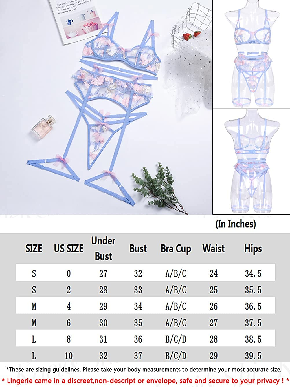 Kaei&Shi Floral Embroidered Sheer,Underwire Scrunchie Strap,G-String,3 Piece Lingerie Apparel & Accessories > Clothing > Underwear & Socks > Lingerie Kaei&Shi   