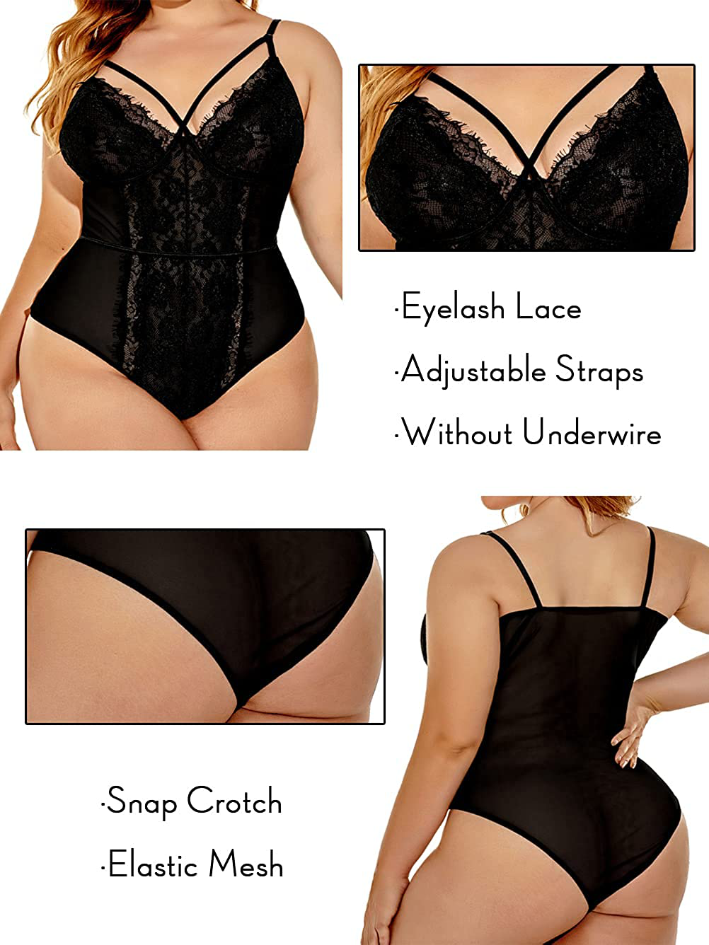 Kaei&Shi Plus Size Lingerie for Women,Sheer Lace Sexy V Neck Bodysuit,Eyelash One Piece Floral Teddy Valentine Apparel & Accessories > Clothing > Underwear & Socks > Lingerie Kaei&Shi   