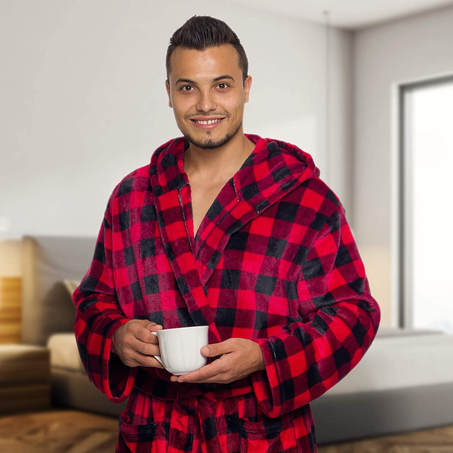 Ross Michaels Mens Robe with Hood - Mid Length - Buffalo Plaid Plush Fleece Bathrobe Apparel & Accessories > Clothing > Sleepwear & Loungewear > Robes Kylie Max   