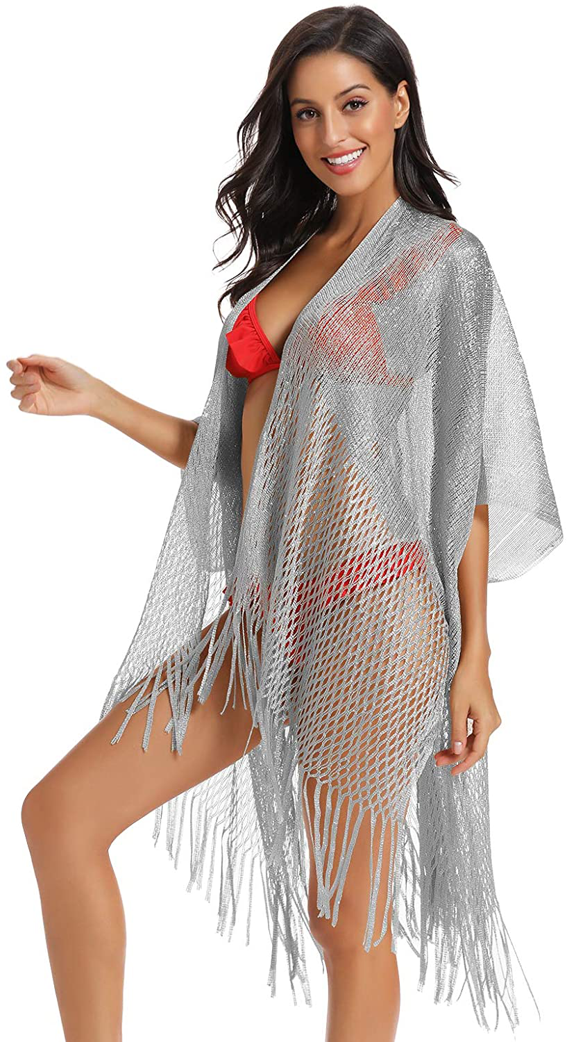 Metallic Sparkly Kimono Cardigan Swimsuit Beach Bikini Cover Ups Open Front Casual Blouse Tops Apparel & Accessories > Clothing > Swimwear Kylie Max   