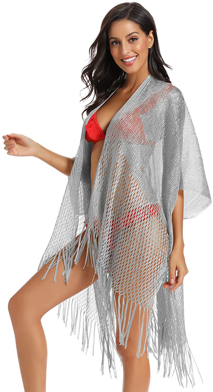 Metallic Sparkly Kimono Cardigan Swimsuit Beach Bikini Cover Ups Open Front Casual Blouse Tops Apparel & Accessories > Clothing > Swimwear Kylie Max   