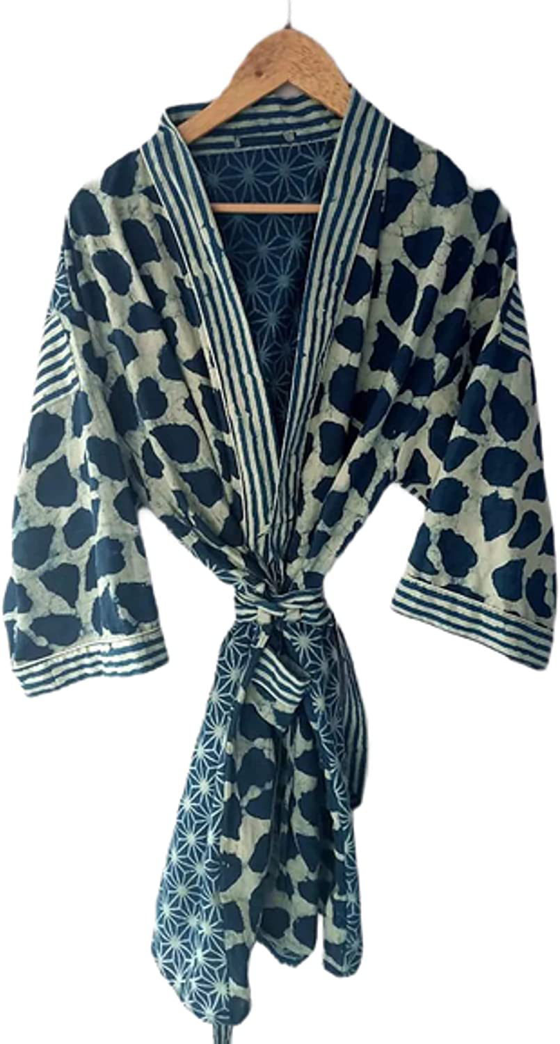 Short Size Indian Handmade Kimono Japanese Kimono Robes Kimono Cardigan Beach Wear Robes Cotton Kimonos Swim Wear Kimonos Indigo Kimono by RANJANACRAFT. (40 Inch Length US Women'S Letter) Apparel & Accessories > Clothing > Sleepwear & Loungewear > Robes Generic 44 inch length US women's letter  