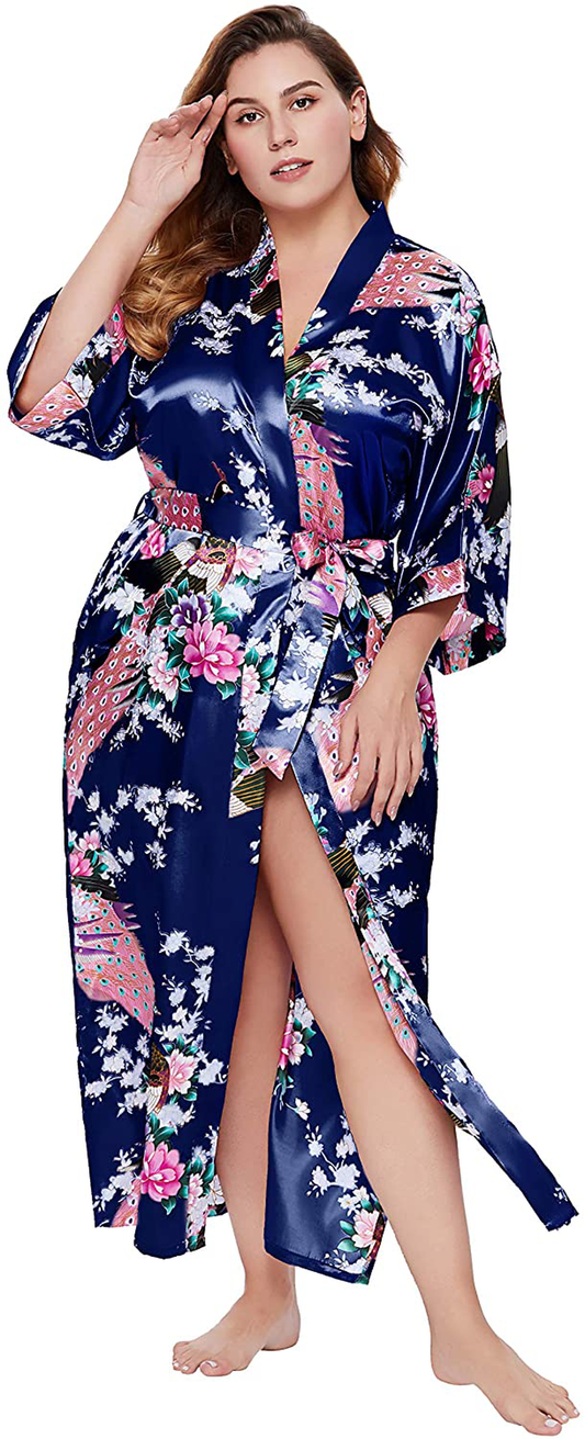 BABEYOND Women'S plus Size Kimono Robe Long Robes with Peacock and Blossoms Printed plus Size Kimono Outfit Apparel & Accessories > Clothing > Sleepwear & Loungewear > Robes KYLIE MAX Navy Blue 2X 