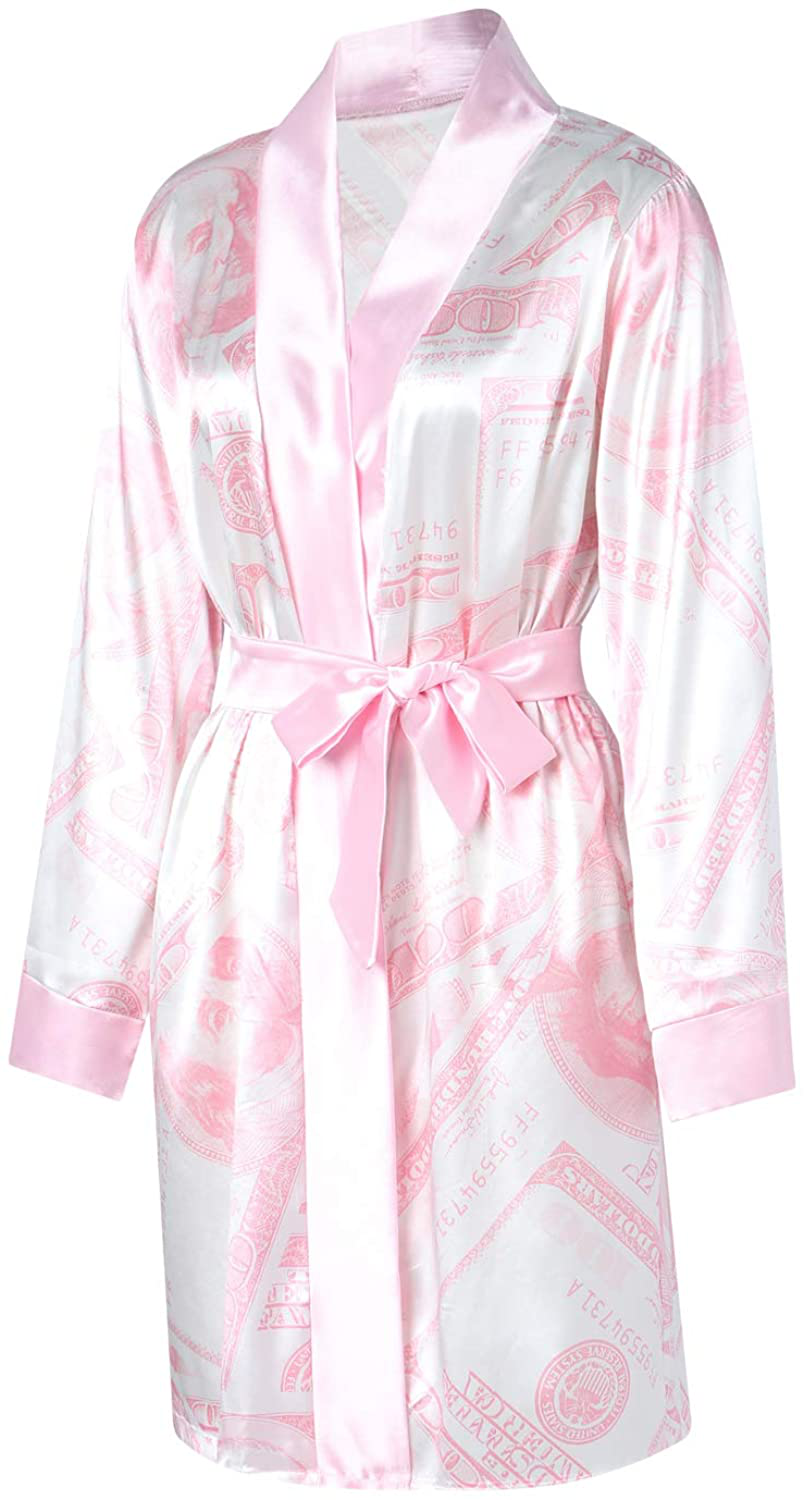 Women Money Print Silky Robes Long Sleeve Dollars Pattern Kimono Satin Robe Pjs Loungewear Sleepwear Apparel & Accessories > Clothing > Sleepwear & Loungewear > Robes Andannby   