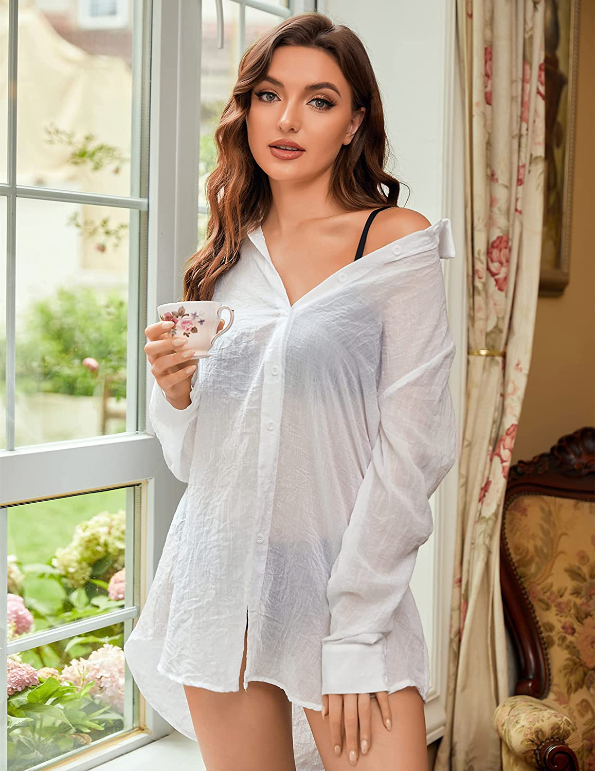 Ekouaer Button down Sleep Shirts for Women Sheer Long Sleeve Boyfriend Nightshirt S-XXL Apparel & Accessories > Clothing > Sleepwear & Loungewear > Nightgowns Kylie Max   