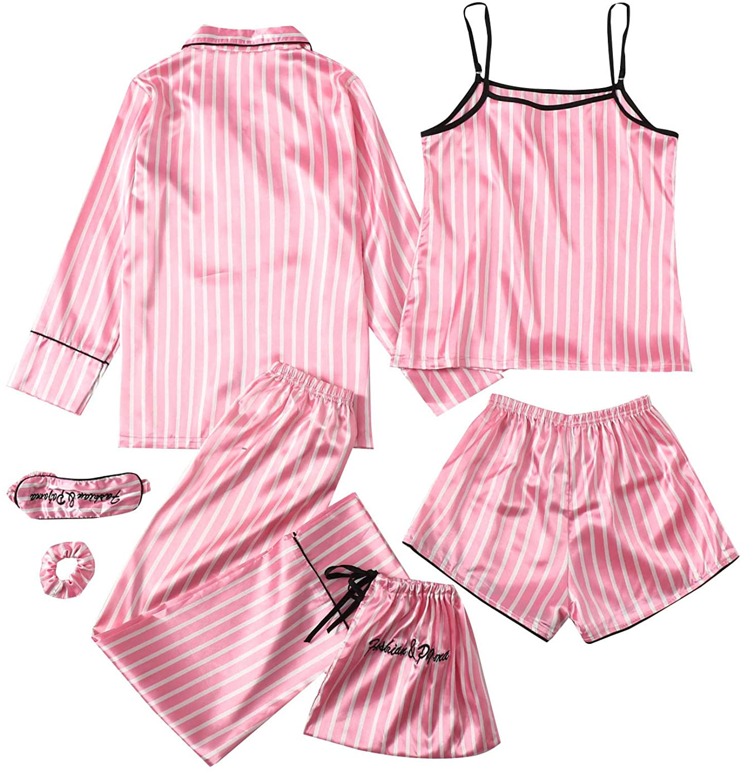 WDIRARA Women'S Silk Satin Pajama Set 4 Pieces Sleepwear Loungewear Pj Sets Apparel & Accessories > Clothing > Sleepwear & Loungewear Kylie Max   