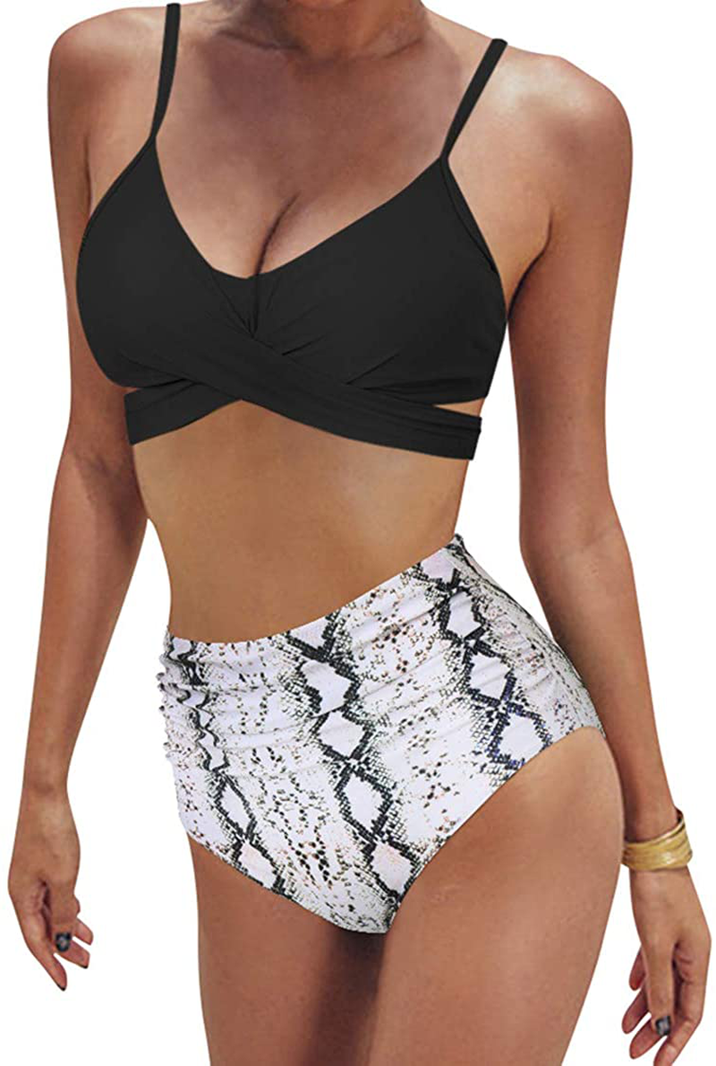 SUUKSESS Women Wrap Bikini Set Push Up High Waisted 2 Piece Swimsuits Apparel & Accessories > Clothing > Swimwear SUUKSESS 87 Black Snakeskin 12-14 