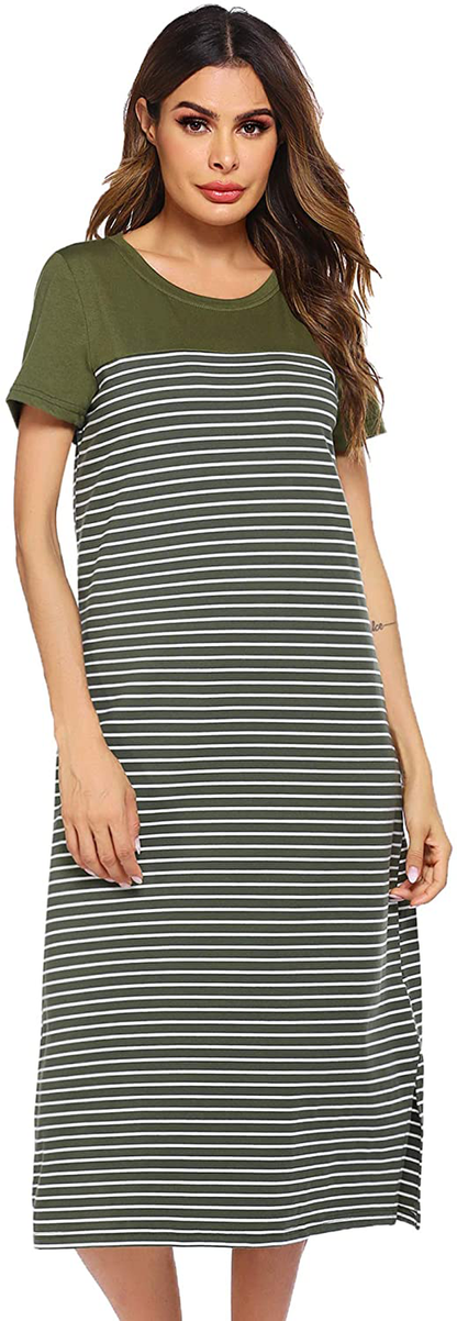 Hotouch Nightshirts Womens Nightgowns Raglan Striped Short Sleeve Sleepwear Comfy Sleepshirt S-XXL Apparel & Accessories > Clothing > Sleepwear & Loungewear > Nightgowns Kylie Max   