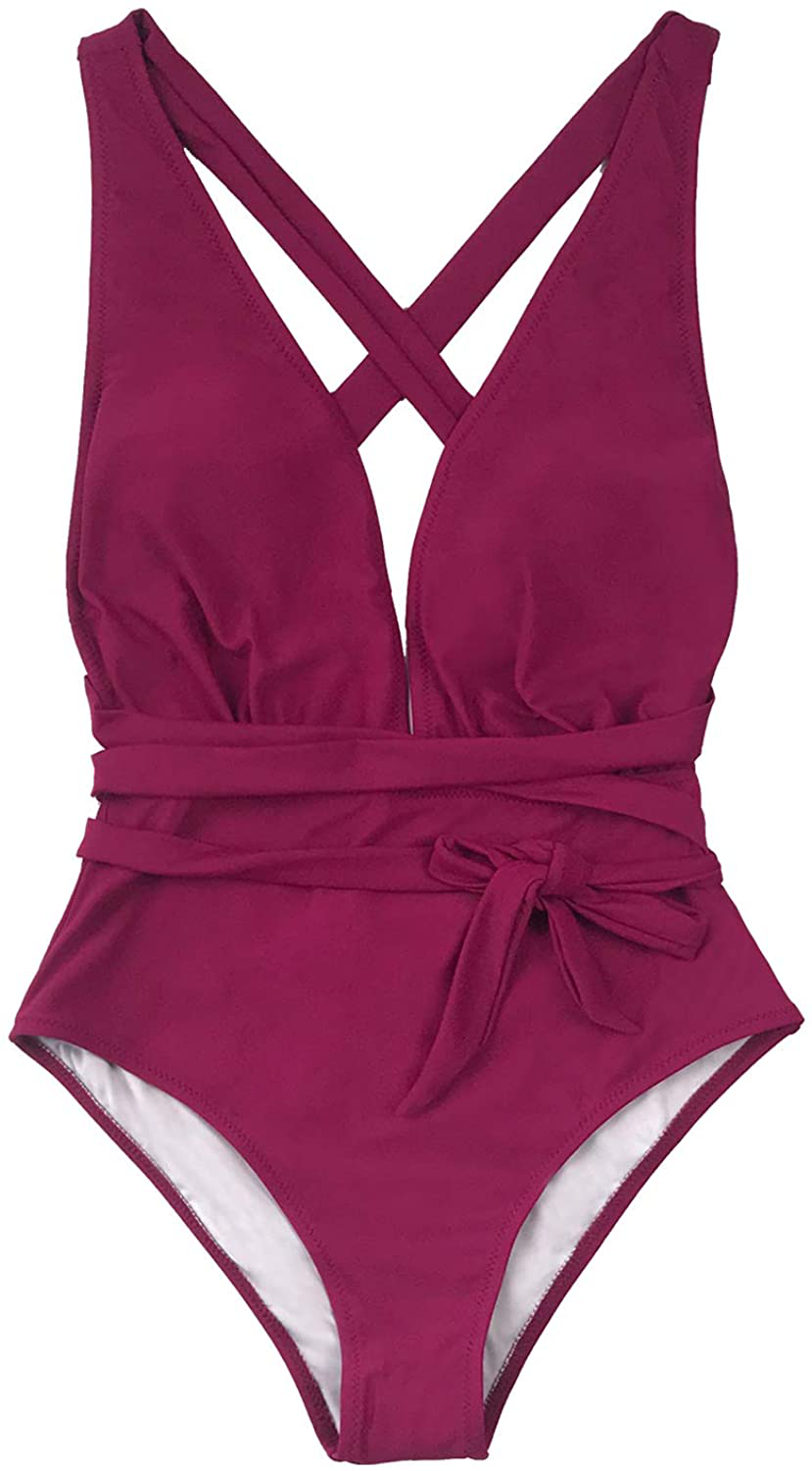 CUPSHE Women’S One Piece Swimsuit Sexy Deep V Neck Solid Red Bathing Suit Apparel & Accessories > Clothing > Swimwear Kylie Max   