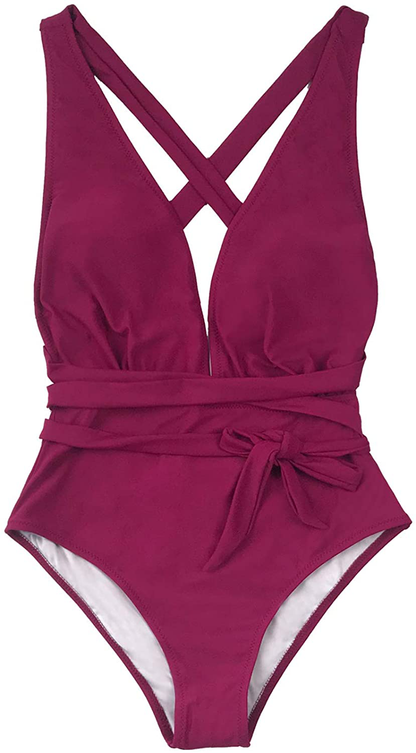 CUPSHE Women’S One Piece Swimsuit Sexy Deep V Neck Solid Red Bathing Suit Apparel & Accessories > Clothing > Swimwear Kylie Max   