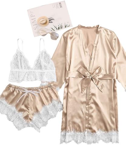 SOLY HUX Women'S Sleepwear 4Pcs Floral Lace Trim Satin Cami Pajama Set with Robe Apparel & Accessories > Clothing > Sleepwear & Loungewear Kylie Max   