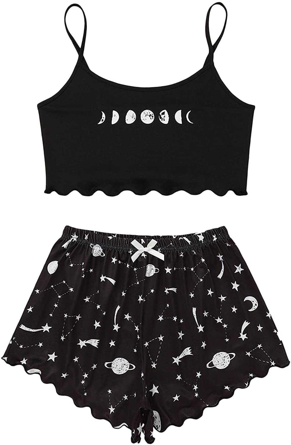 SOLY HUX Women'S Cartoon Print Lettuce Trim Cami Top and Shorts Cute Pajama Set Sleepwear Apparel & Accessories > Clothing > Sleepwear & Loungewear Kylie Max   