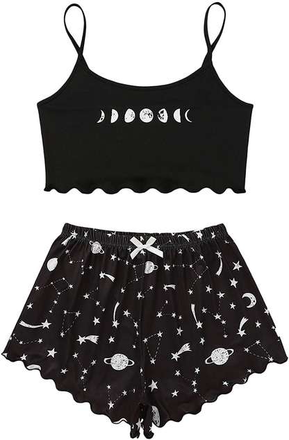 SOLY HUX Women'S Cartoon Print Lettuce Trim Cami Top and Shorts Cute Pajama Set Sleepwear Apparel & Accessories > Clothing > Sleepwear & Loungewear Kylie Max   