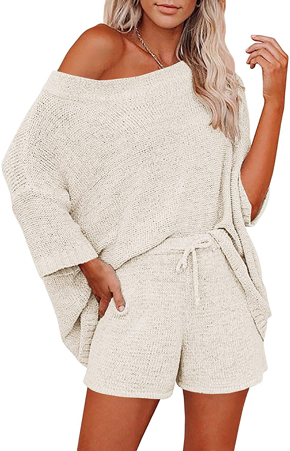 Ermonn Womens 2 Piece Outfits Sweater Sets off Shoulder Knit Tops Waist Short Suits Casual Pajama Set Apparel & Accessories > Clothing > Sleepwear & Loungewear Kylie Max   