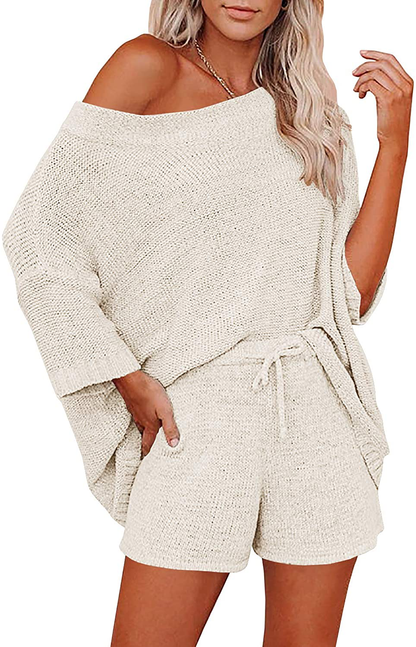 Ermonn Womens 2 Piece Outfits Sweater Sets off Shoulder Knit Tops Waist Short Suits Casual Pajama Set Apparel & Accessories > Clothing > Sleepwear & Loungewear Kylie Max   