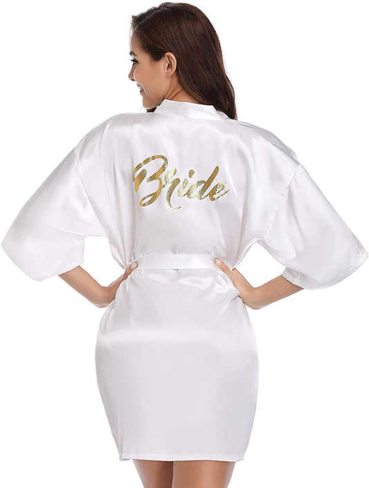 Vlazom Women'S Satin Robe Short Kimono for Bride & Bridesmaid Wedding Party Robes with Gold Glitter or Rhinestones Apparel & Accessories > Clothing > Sleepwear & Loungewear > Robes KYLIE MAX White for Bride XX-Large 