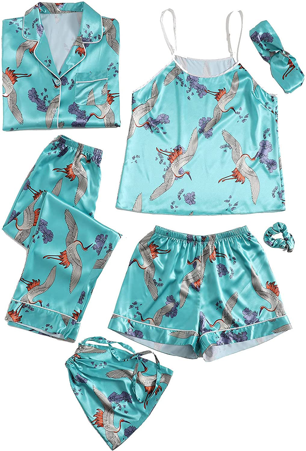 SheIn Women's 7pcs Pajama Set Cami Pjs with Shirt and Eye Mask Apparel & Accessories > Clothing > Sleepwear & Loungewear > Pajamas SheIn Blue Floral X-Large 