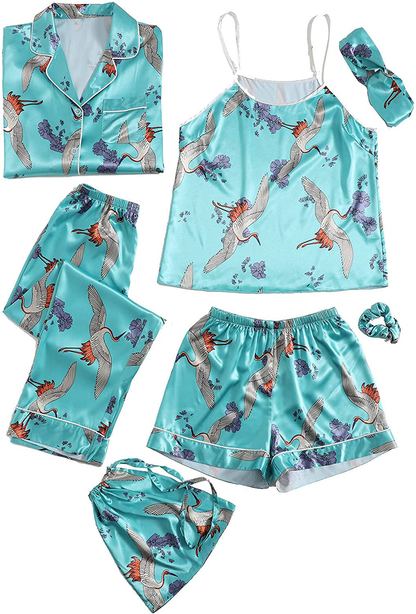SheIn Women's 7pcs Pajama Set Cami Pjs with Shirt and Eye Mask Apparel & Accessories > Clothing > Sleepwear & Loungewear > Pajamas SheIn Blue Floral X-Large 