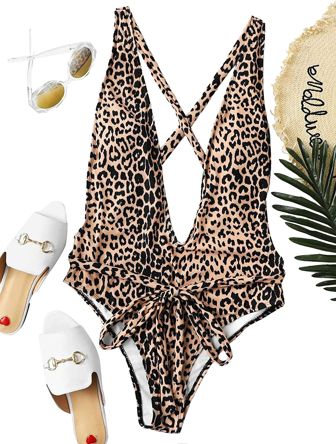 Sweatyrocks Women'S Sexy Bathing Suits Criss Cross Tie Knot Front Deep V Open Back Leopard One Piece Swimwear Apparel & Accessories > Clothing > Swimwear Kylie Max   