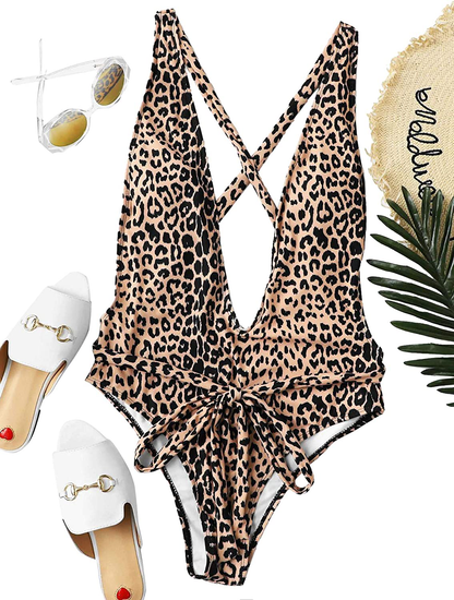 Sweatyrocks Women'S Sexy Bathing Suits Criss Cross Tie Knot Front Deep V Open Back Leopard One Piece Swimwear Apparel & Accessories > Clothing > Swimwear Kylie Max   
