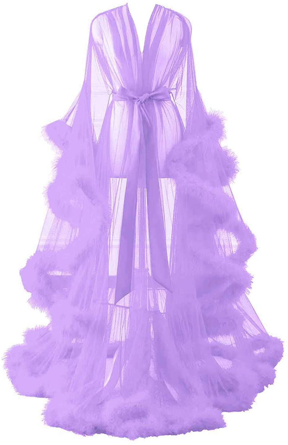 Changuan Sexy Illusion Long Lingerie Robe Nightgown Bathrobe Sleepwear Feather Bridal Robe Wedding Scarf Apparel & Accessories > Clothing > Sleepwear & Loungewear > Robes Changuan Lilac 4X-Large 