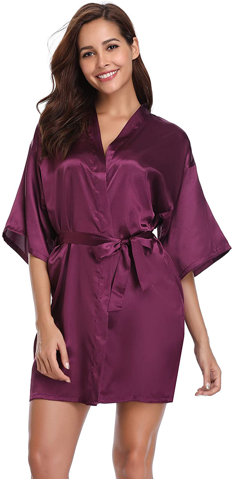 Vlazom Women'S Kimono Robes Short Satin Pure Color Bridal Party Robe with Oblique V-Neck Apparel & Accessories > Clothing > Sleepwear & Loungewear > Robes KYLIE MAX   
