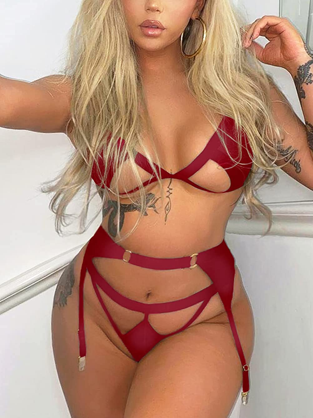 Kaei&Shi Mesh Sheer,Peekaboo Bralette,Cutout Thong,Garter Belt,3 Piece Lingerie Apparel & Accessories > Clothing > Underwear & Socks > Lingerie Kaei&Shi   