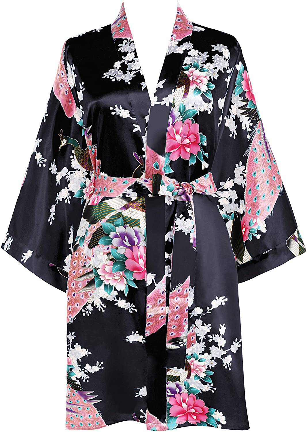 BABEYOND Short Kimono Robe Blouse Peacock Printed Kimono Cover up Loose Cardigen Apparel & Accessories > Clothing > Sleepwear & Loungewear > Robes KYLIE MAX Black  
