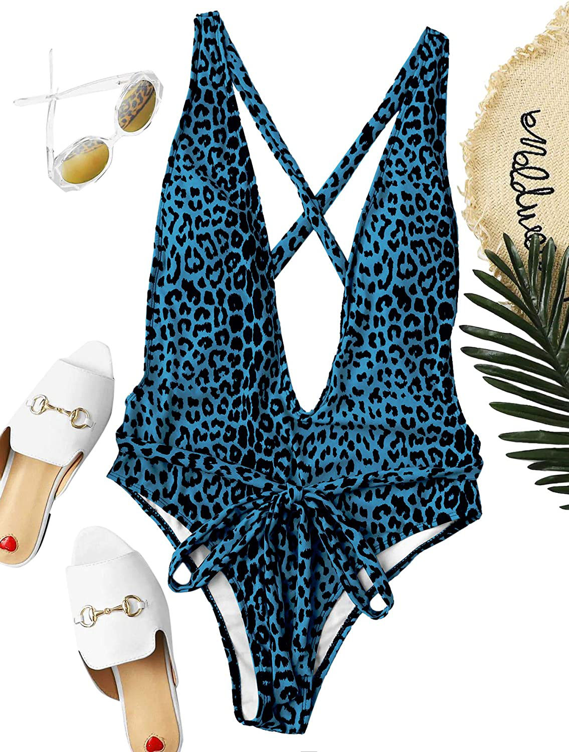 Sweatyrocks Women'S Sexy Bathing Suits Criss Cross Tie Knot Front Deep V Open Back Leopard One Piece Swimwear Apparel & Accessories > Clothing > Swimwear Kylie Max   