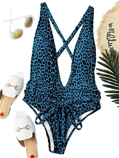 Sweatyrocks Women'S Sexy Bathing Suits Criss Cross Tie Knot Front Deep V Open Back Leopard One Piece Swimwear Apparel & Accessories > Clothing > Swimwear Kylie Max   