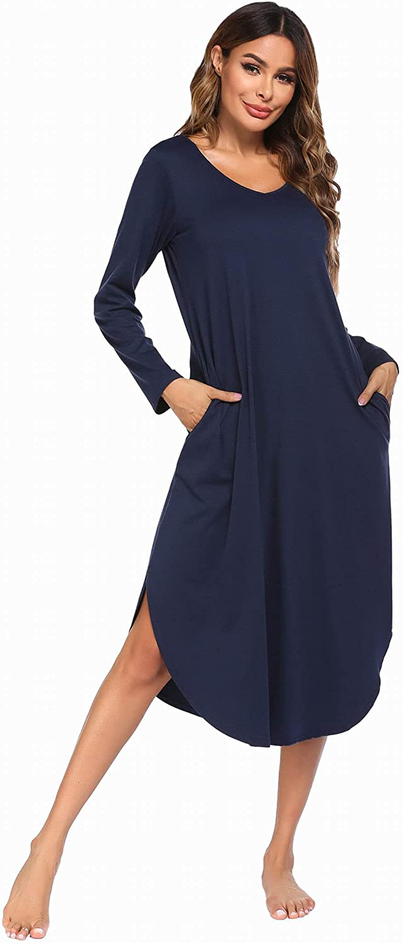 Ekouaer Nightgowns Womens V Neck Nightshirts Long Sleeve Sleepwear plus Size Night Wear S-XXL Apparel & Accessories > Clothing > Sleepwear & Loungewear > Nightgowns Kylie Max   