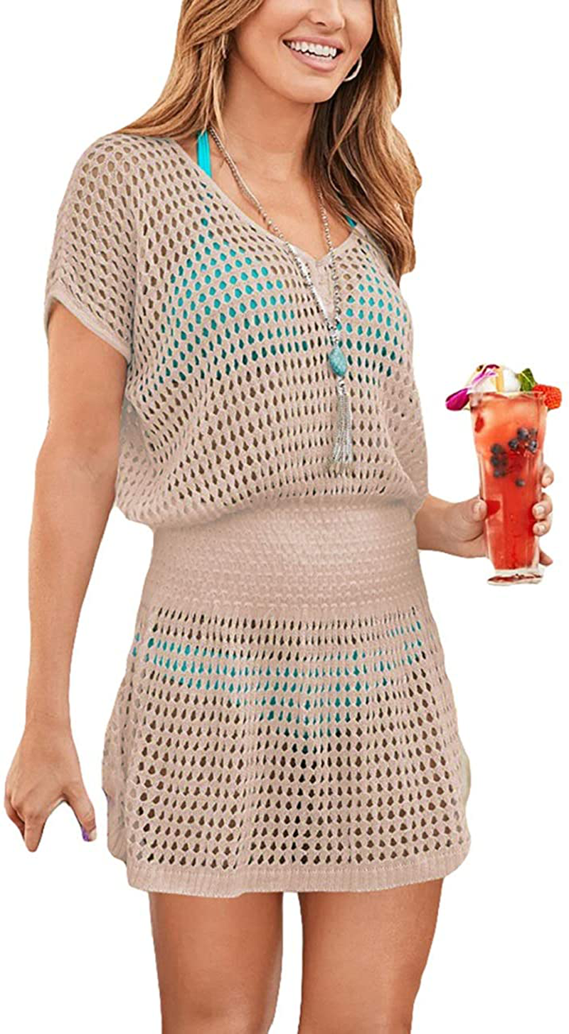 Bsubseach Women Crochet Hollow Out Swim Cover Ups Short Sleeve Beach Swimwear Tunic Dress Apparel & Accessories > Clothing > Swimwear Kylie Max   
