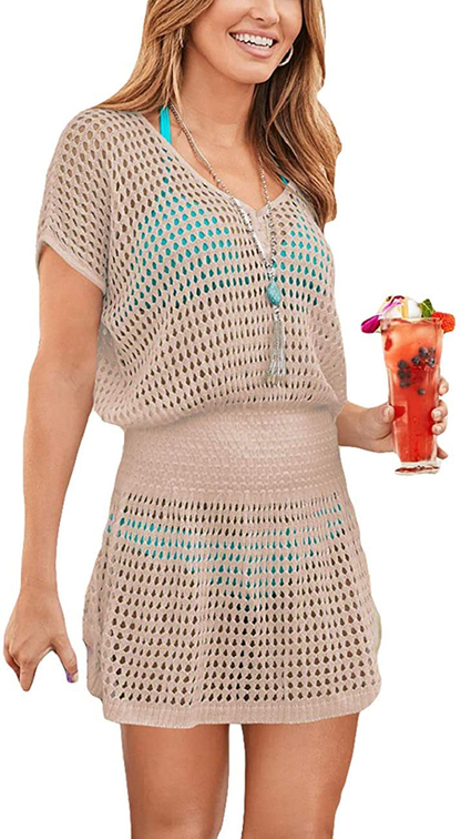 Bsubseach Women Crochet Hollow Out Swim Cover Ups Short Sleeve Beach Swimwear Tunic Dress Apparel & Accessories > Clothing > Swimwear Kylie Max   