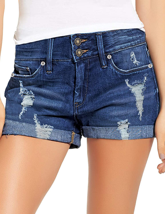 Luvamia Women'S Ripped Denim Jean Shorts High Waisted Stretchy Folded Hem Short Jeans Apparel & Accessories > Clothing > Shorts Kylie Max   