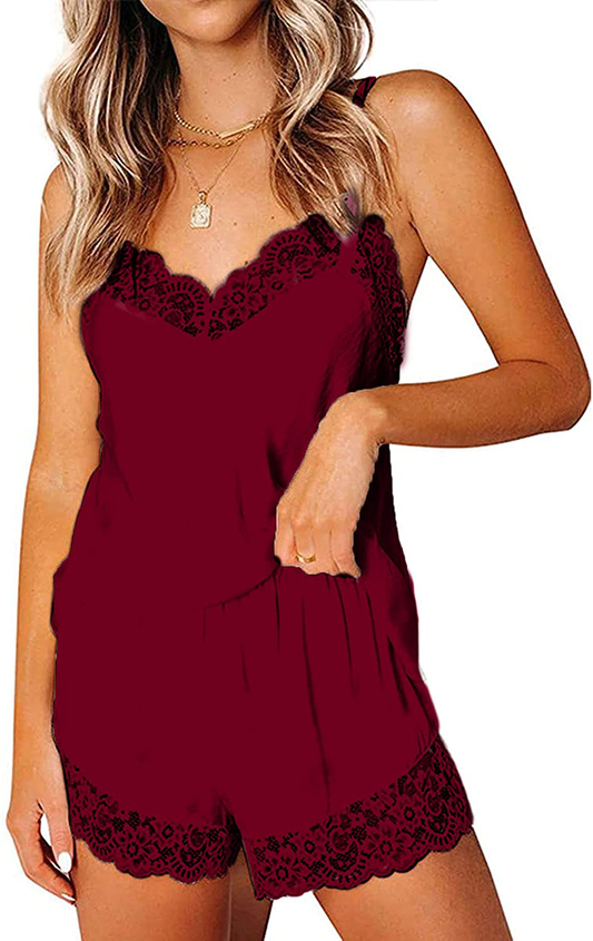 Sofia'S Choice Women'S Lace Trim Satin Pajama Sets Cami Top and Shorts Sleepwear Apparel & Accessories > Clothing > Sleepwear & Loungewear Kylie Max   