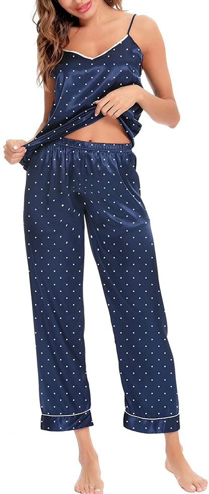 SWOMOG Womens Silk Satin Pajamas Set Two-Piece Pj Sets Cami Top and Capris Pants Sleepwear Apparel & Accessories > Clothing > Sleepwear & Loungewear Kylie Max   