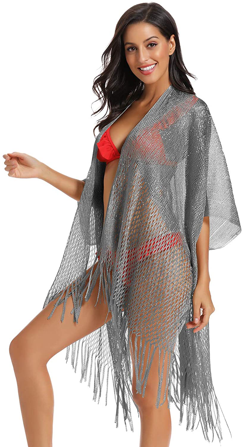 Metallic Sparkly Kimono Cardigan Swimsuit Beach Bikini Cover Ups Open Front Casual Blouse Tops Apparel & Accessories > Clothing > Swimwear Kylie Max   