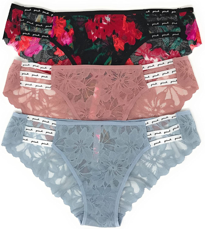 Victoria'S Secret Pink Cheekster Panty Set of 3 Apparel & Accessories > Clothing > Underwear & Socks > Underwear Victoria's Secret Strappy Lace Red Floral / Damsel Pink / Lt Teal Medium 