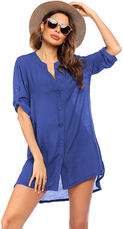 Ekouaer Women'S Cover up Shirt V-Neck Swimsuit Beach Bikini Beachwear Button down Bathing Suit S-3XL Apparel & Accessories > Clothing > Swimwear Kylie Max   