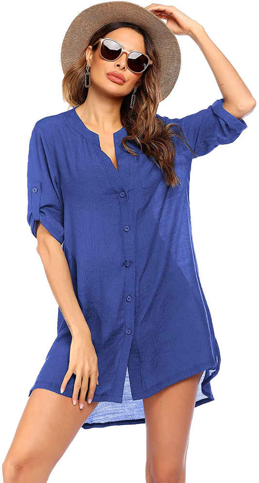 Ekouaer Women'S Cover up Shirt V-Neck Swimsuit Beach Bikini Beachwear Button down Bathing Suit S-3XL Apparel & Accessories > Clothing > Swimwear Kylie Max   