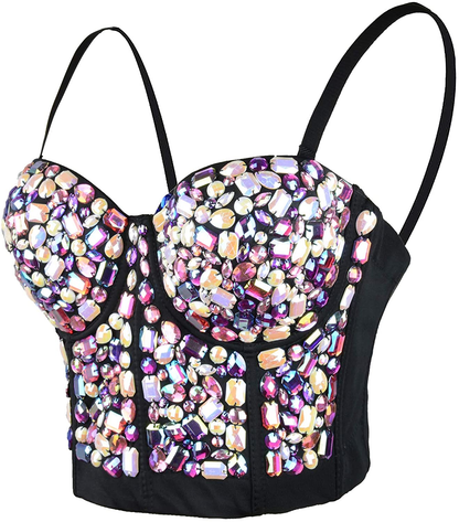 ELLACCI Women'S Sexy Rhinestone Bustier Crop Top Club Party Glitter Corset Top Bra Purple Apparel & Accessories > Clothing > Underwear & Socks > Lingerie ELLACCI Black Small 