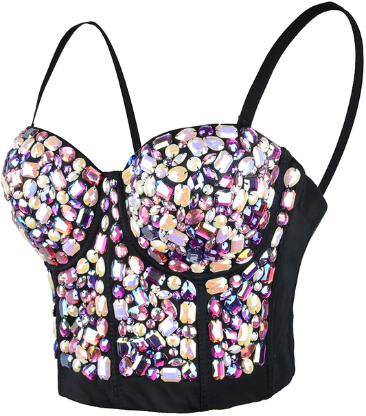 ELLACCI Women'S Sexy Rhinestone Bustier Crop Top Club Party Glitter Corset Top Bra Purple Apparel & Accessories > Clothing > Underwear & Socks > Lingerie ELLACCI Black Small 